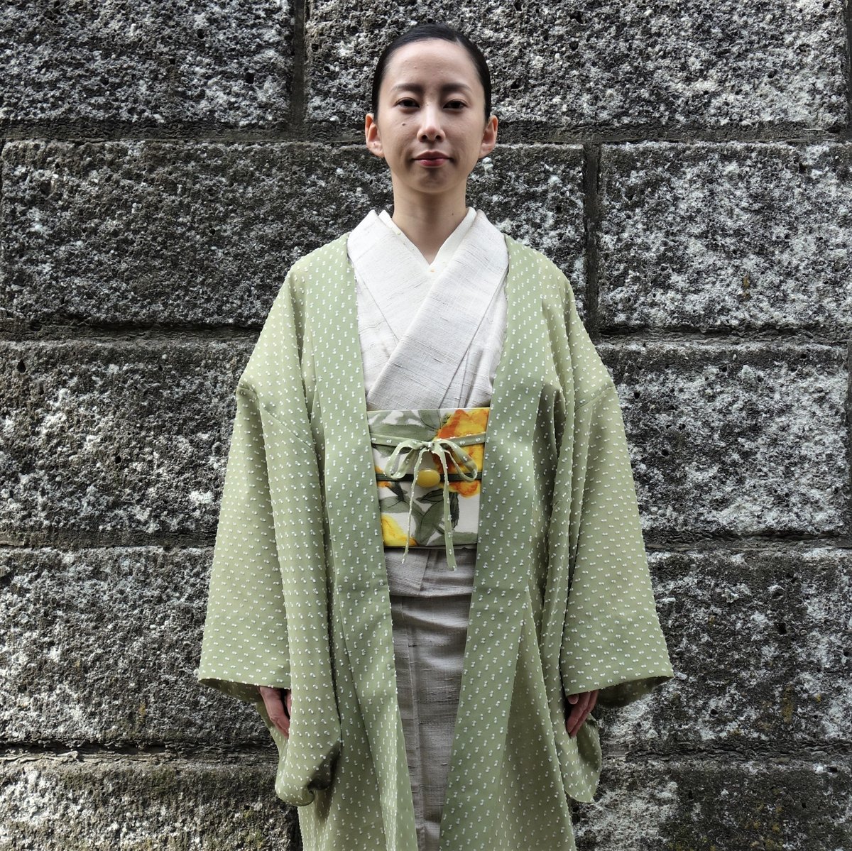 薄長羽織　裄長　シフォン素材　フリーサイズ 薄羽織「シフォンドット／ウグイス」 | 着物ショップKosode