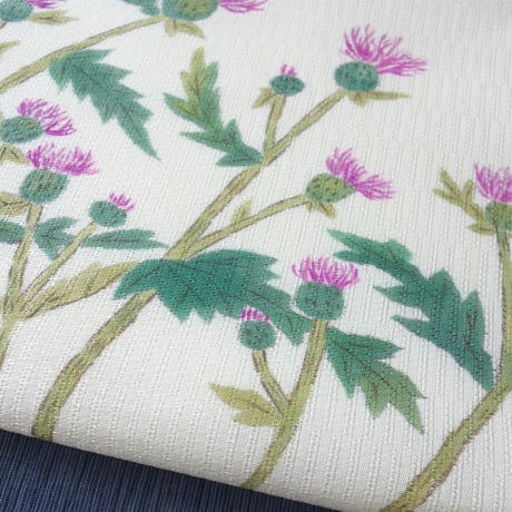 夏帯 アザミ 麻 夏名古屋帯 麻 刺繍 アザミ柄 アンティーク