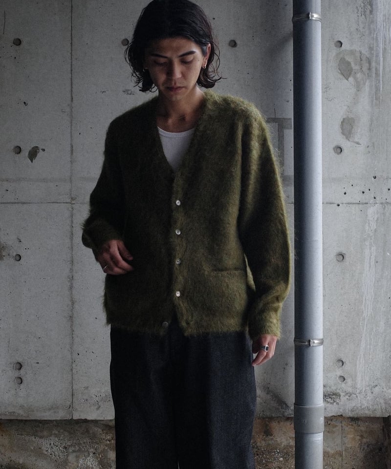 Premium Mohair Cardigan W/Pocket Olive Green Chunky Knit Wool