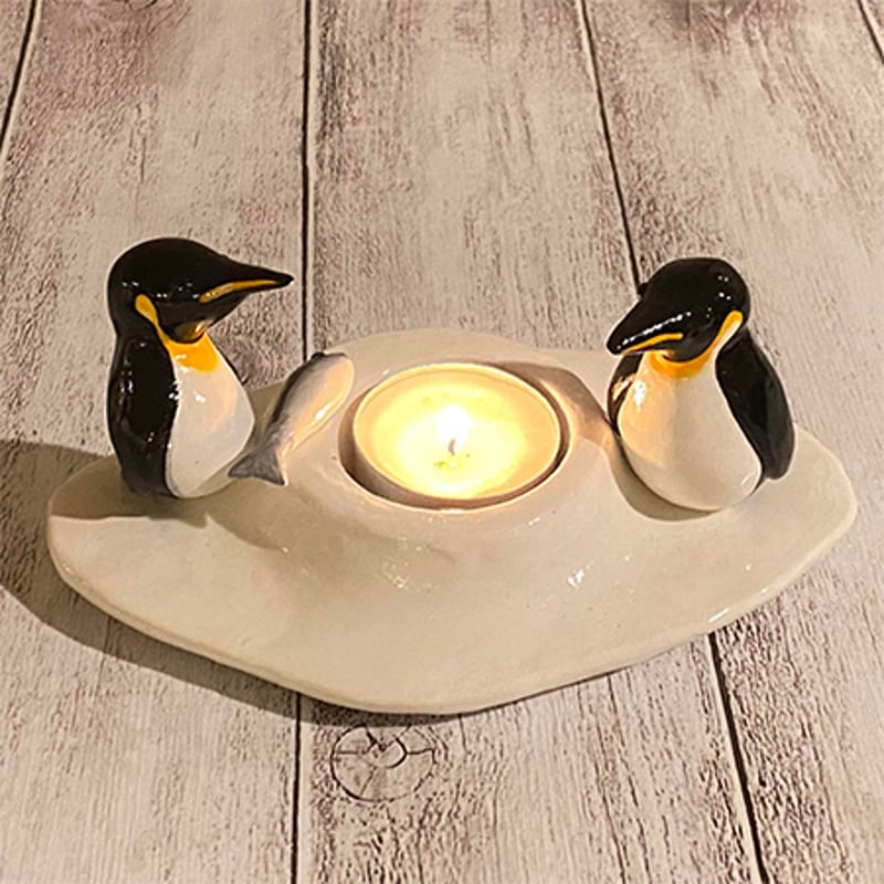 織のペンギン》つがいペンギン／ティーライトキャンドルホルダー