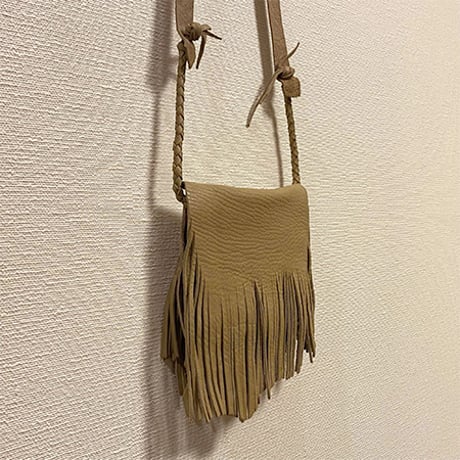 フリンジ付き 鹿革スマホショルダー/手縫い/一点もの