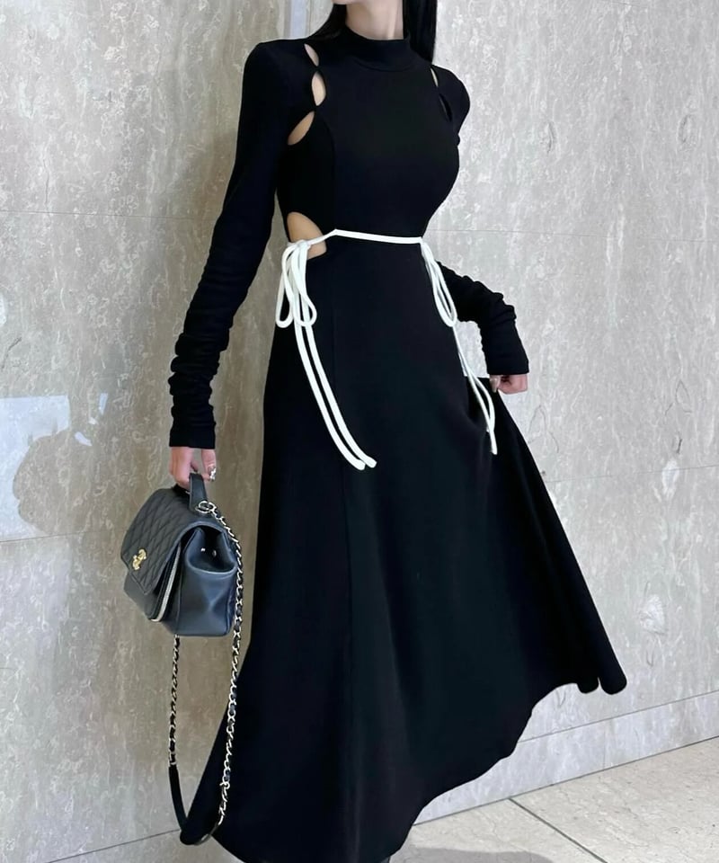ワンピース YILON CUTOUT CHECK OP YILON MADE】Cutout design OP BLACK