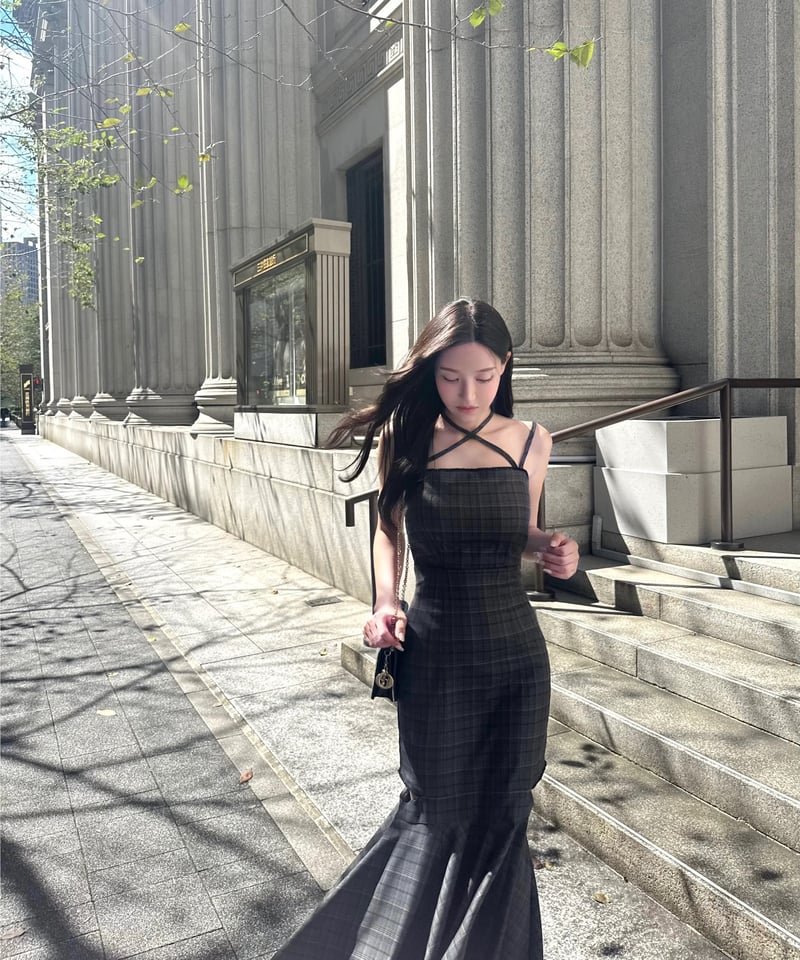 ワンピース YILON MADE Cutout check op Gray yilon Cutout check op GRAY YILON MADE Cutout check op