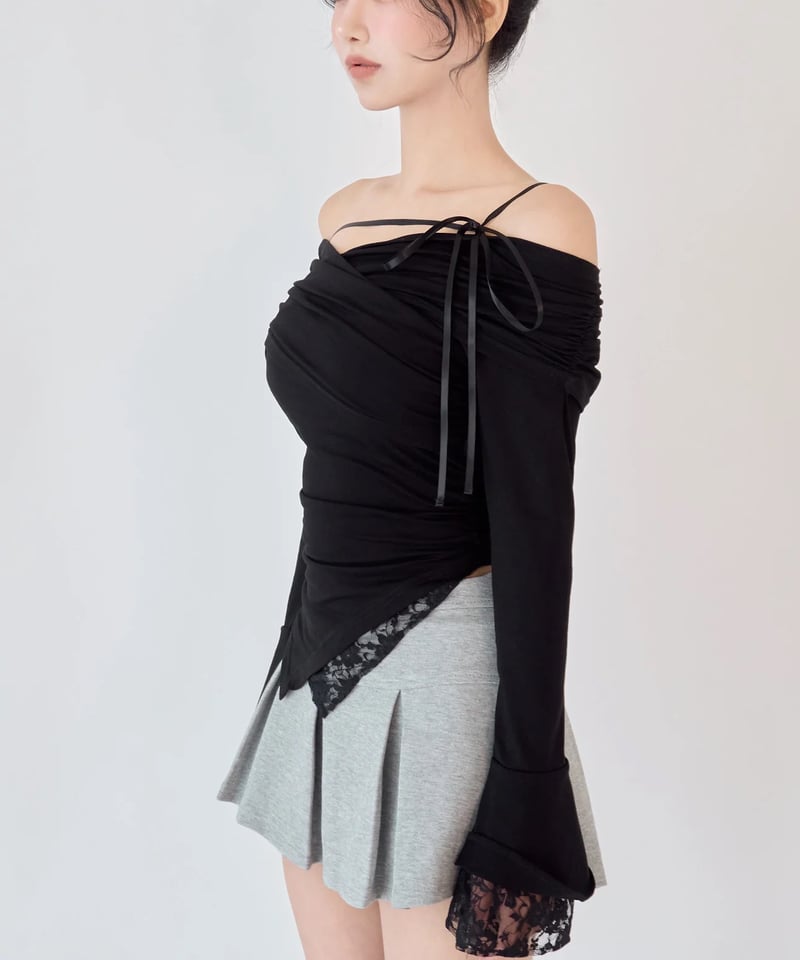 yilon Lace gather tops/ブラック YILON Lace gather tops