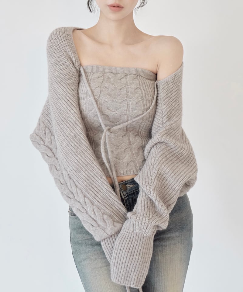 【YILON MADE】Cable knit bolero bare set YILON MADE】Cable knit bolero bare set（Cozy Glam Cable Knit