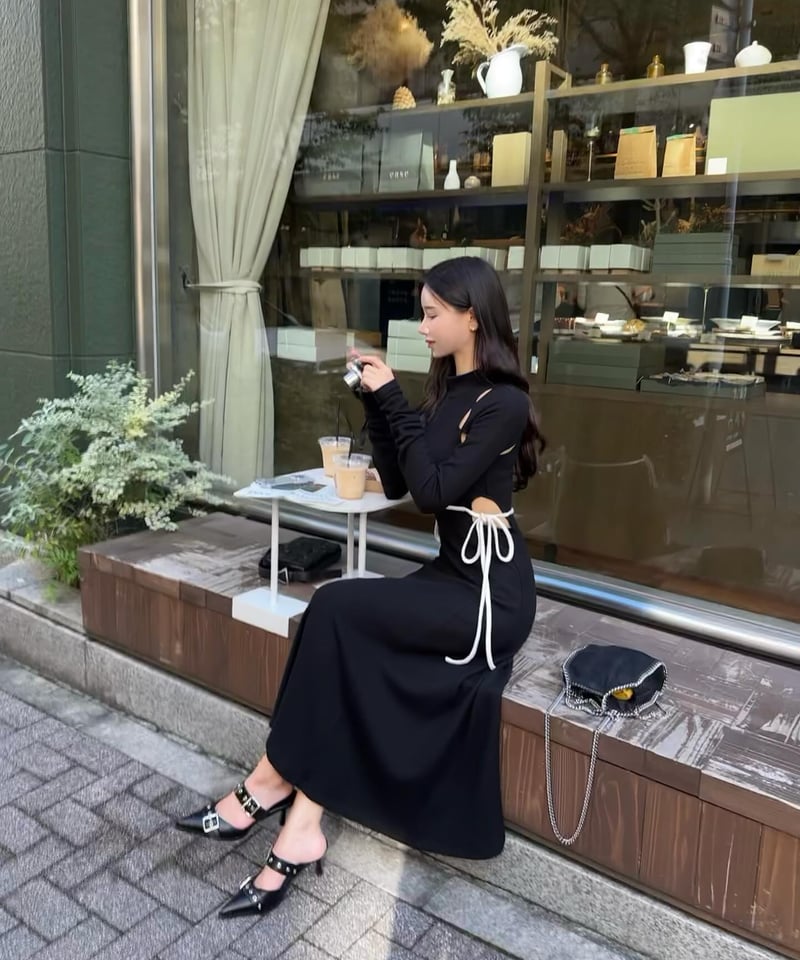 ワンピース YILON CUTOUT CHECK OP YILON MADE】Cutout design OP BLACK