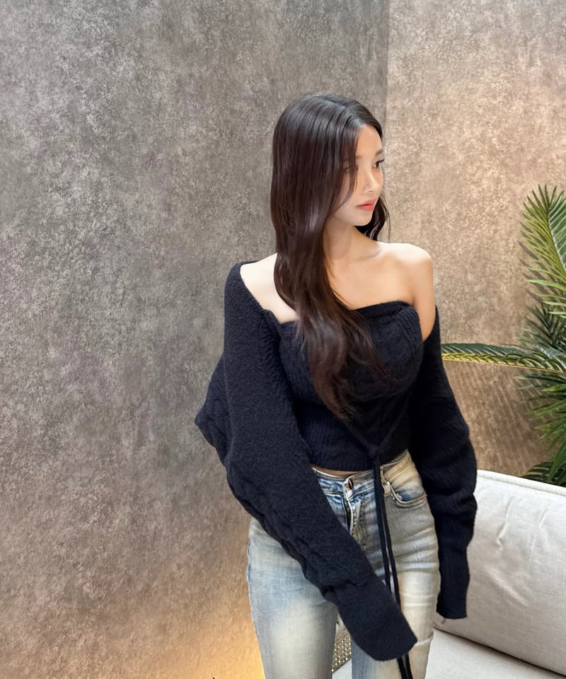 トップス YILON Cable knit bolero bare set YILON MADE】Cable knit bolero bare set