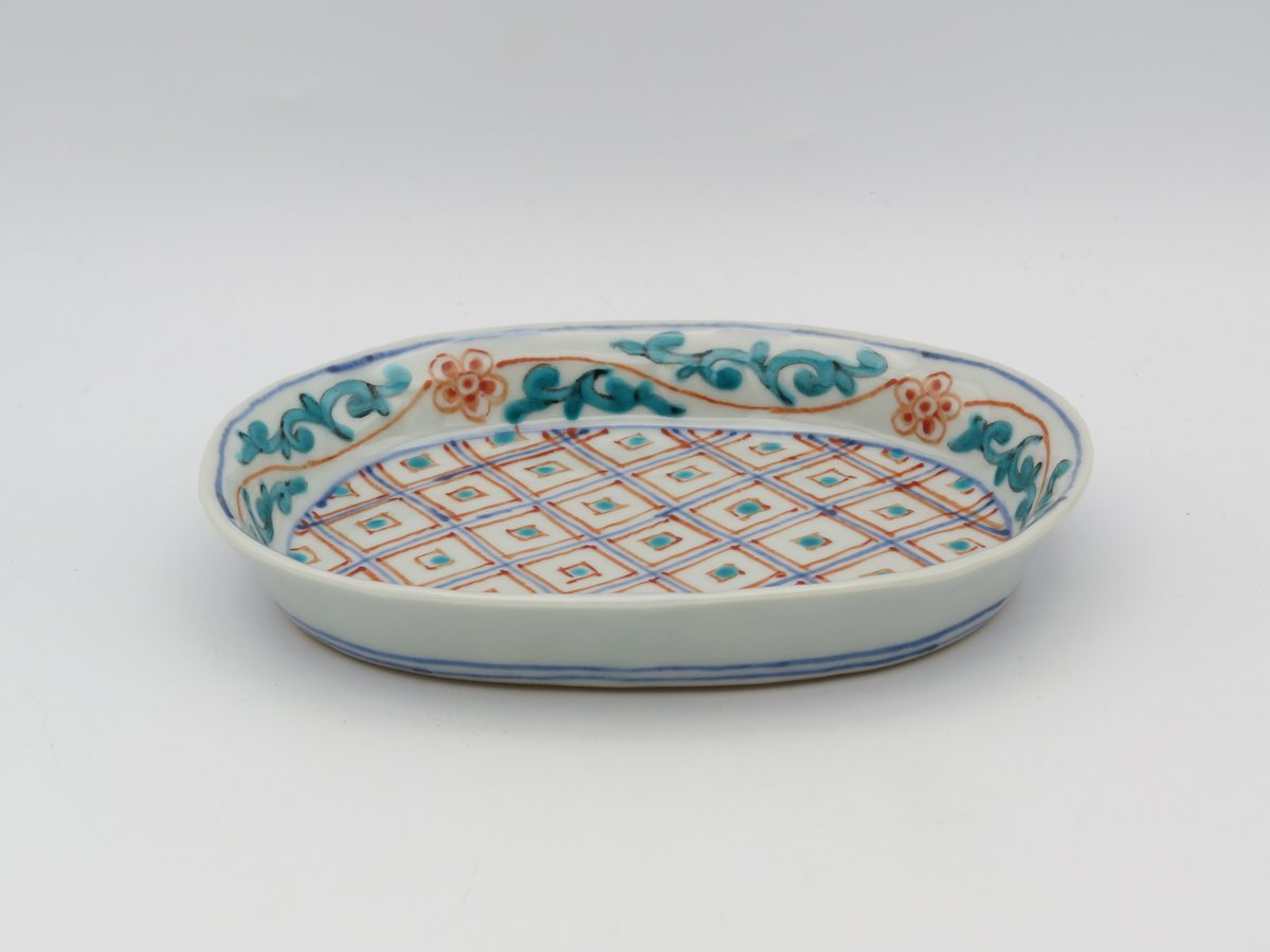 【希少品】赤絵風景紋楕円形皿　乾隆年製皿彩色宝尽くし 希少品】赤絵風景紋楕円形皿 乾隆年製皿彩色宝尽くし