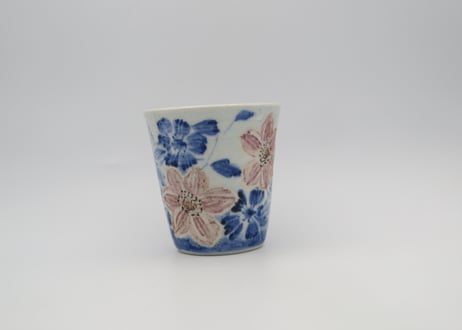 山本博　染付け半磁器クレマチスフリーカップ、ピンク
