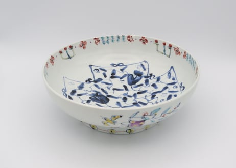 松尾貞一郎　色絵磁器花鳥紋高台鉢