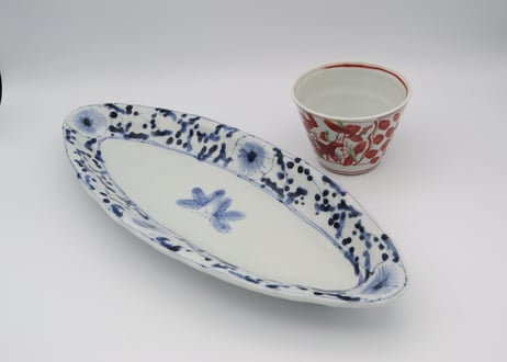松尾貞一郎　染付磁器花紋楕円皿