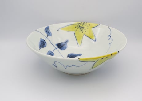 古川章蔵　色絵磁器黄色のクレマチス大鉢