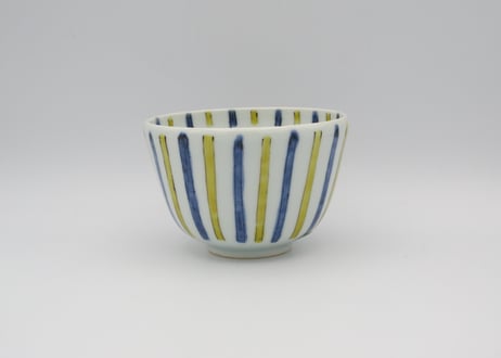 古川章蔵　色絵磁器青黄線紋中丼