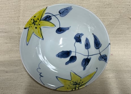 古川章蔵　色絵磁器黄色のクレマチス大鉢