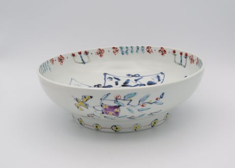 松尾貞一郎　色絵磁器花鳥紋高台鉢