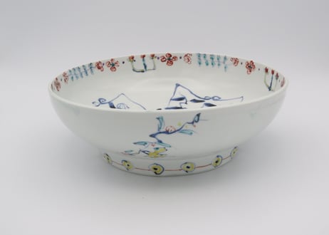 松尾貞一郎　色絵磁器花鳥紋高台鉢