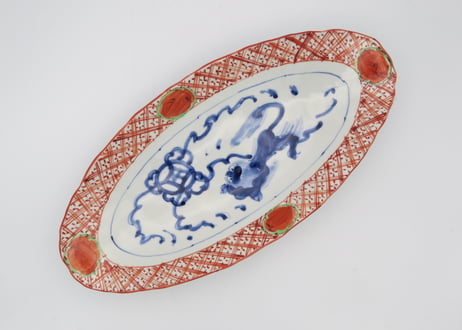 松尾貞一郎　磁器呉須赤絵獅子楕円皿10