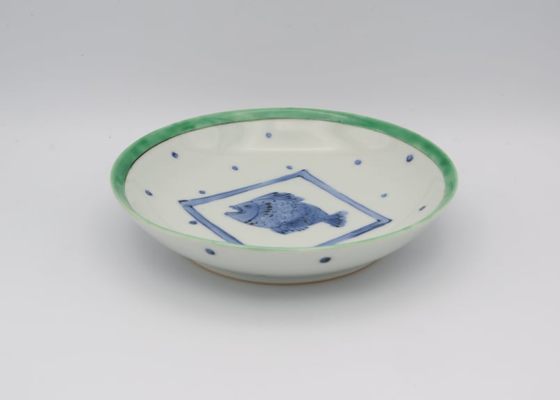 骨董 アンティーク 青磁色絵 紅葉文様 五寸皿 丸皿 竜田川 箱