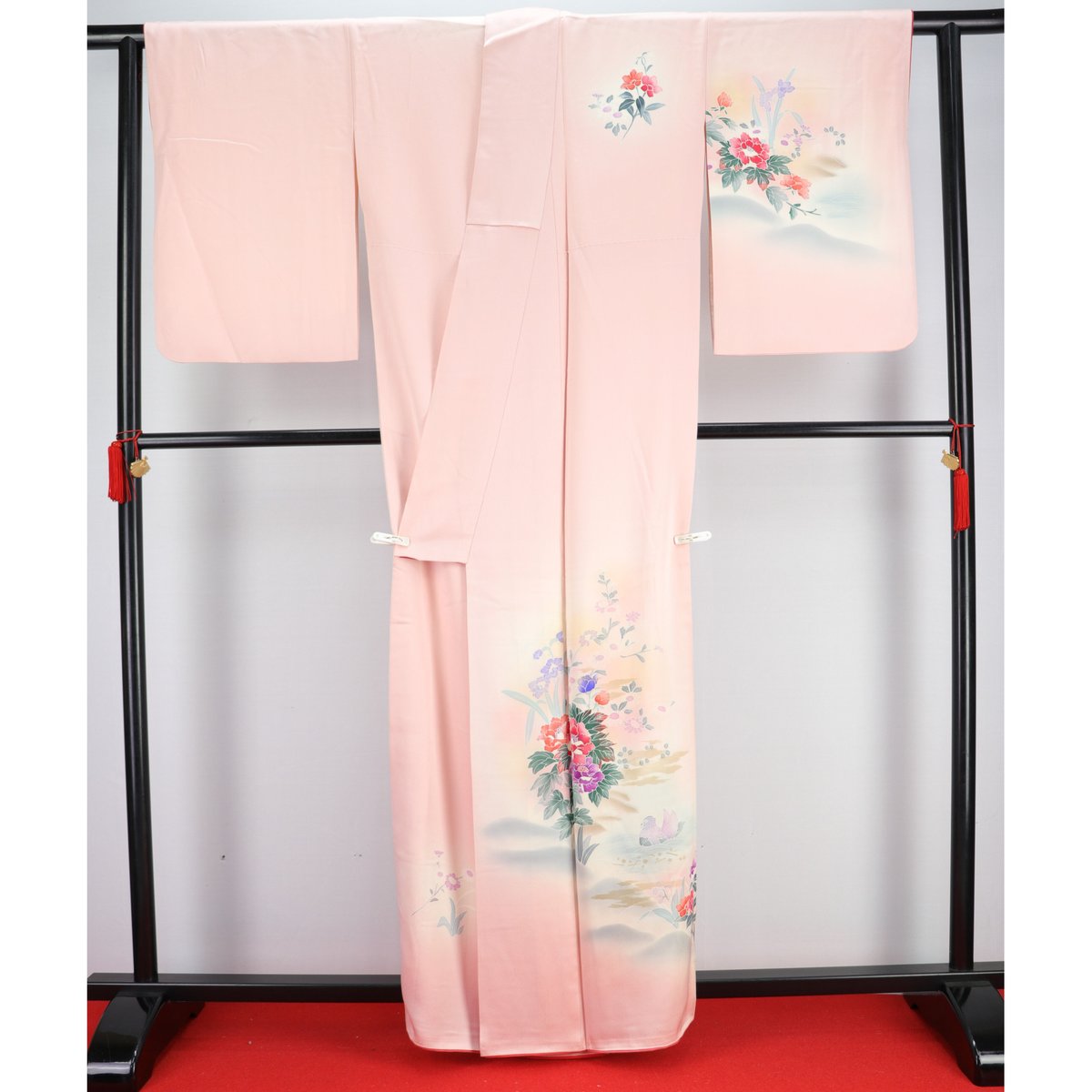 訪問着　フルセット　着物　正絹　加賀友禅　虫食い　クリームイエロー　花　O8 訪問着[加賀友禅]クリームに紫と白の草花[身長174cmまで]No.619