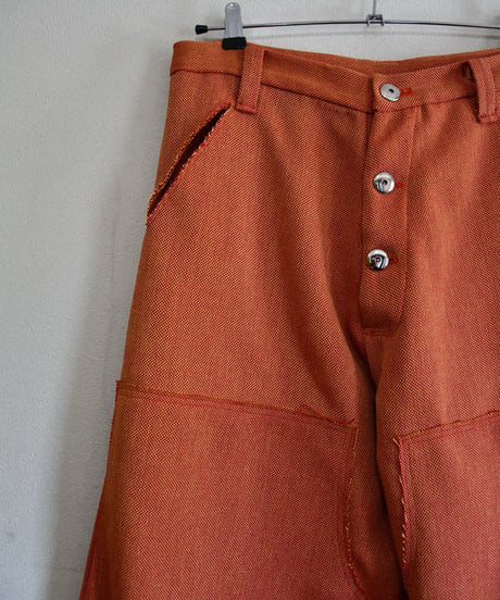 Yellow × pink canvas cut off double knee pants
