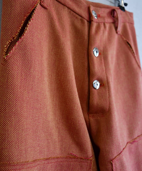 Yellow × pink canvas cut off double knee pants