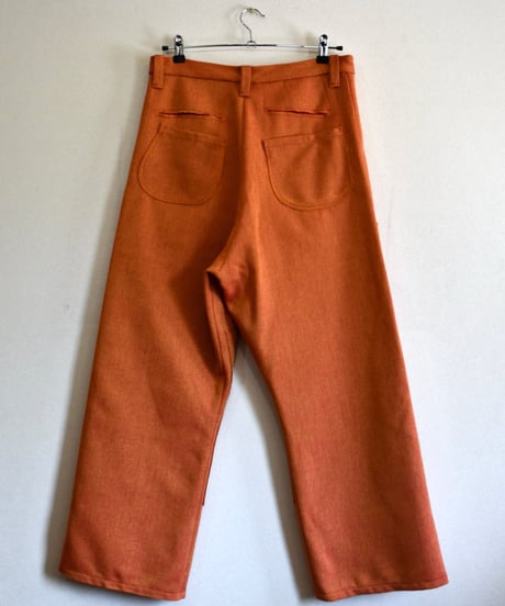 Yellow × pink canvas cut off double knee pants