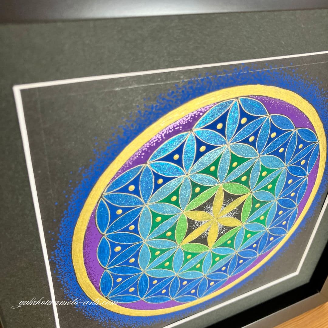 原画】運気アップ波動アート 神聖幾何学フラワー・オブ・ライフ「碧の