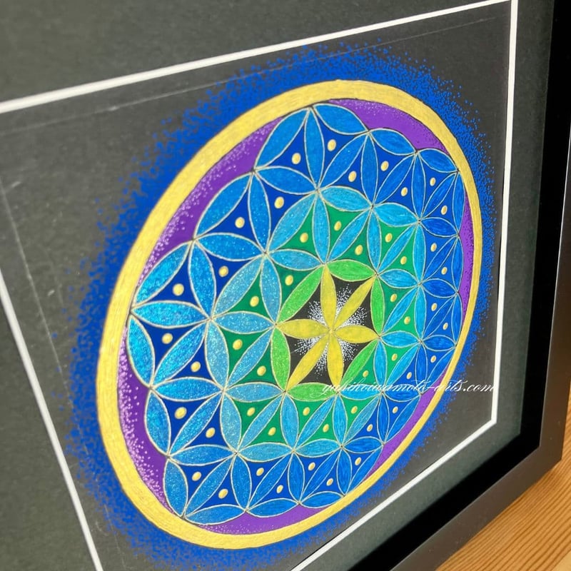 原画】運気アップ波動アート 神聖幾何学フラワー・オブ・ライフ「碧の