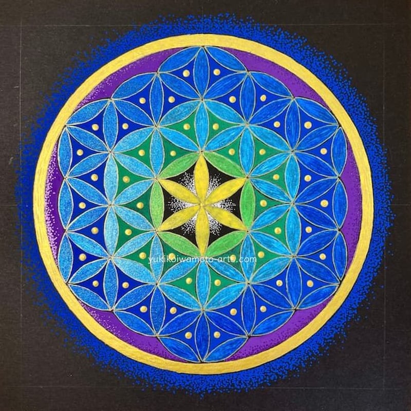 原画】運気アップ波動アート 神聖幾何学フラワー・オブ・ライフ「碧の