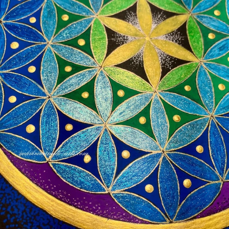 原画】運気アップ波動アート 神聖幾何学フラワー・オブ・ライフ「碧の