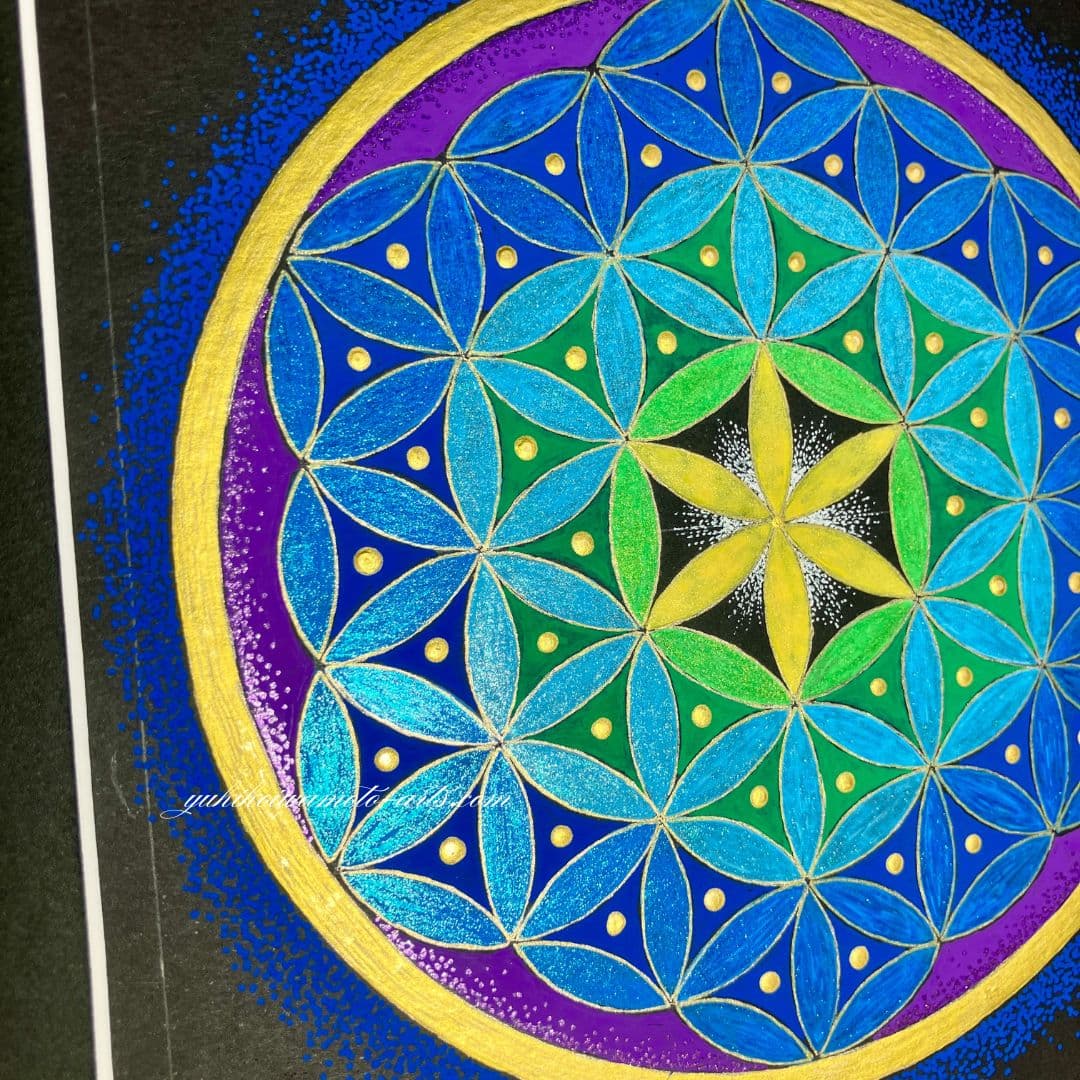 原画】運気アップ波動アート 神聖幾何学フラワー・オブ・ライフ「碧の