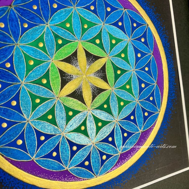 原画】運気アップ波動アート 神聖幾何学フラワー・オブ・ライフ「碧の