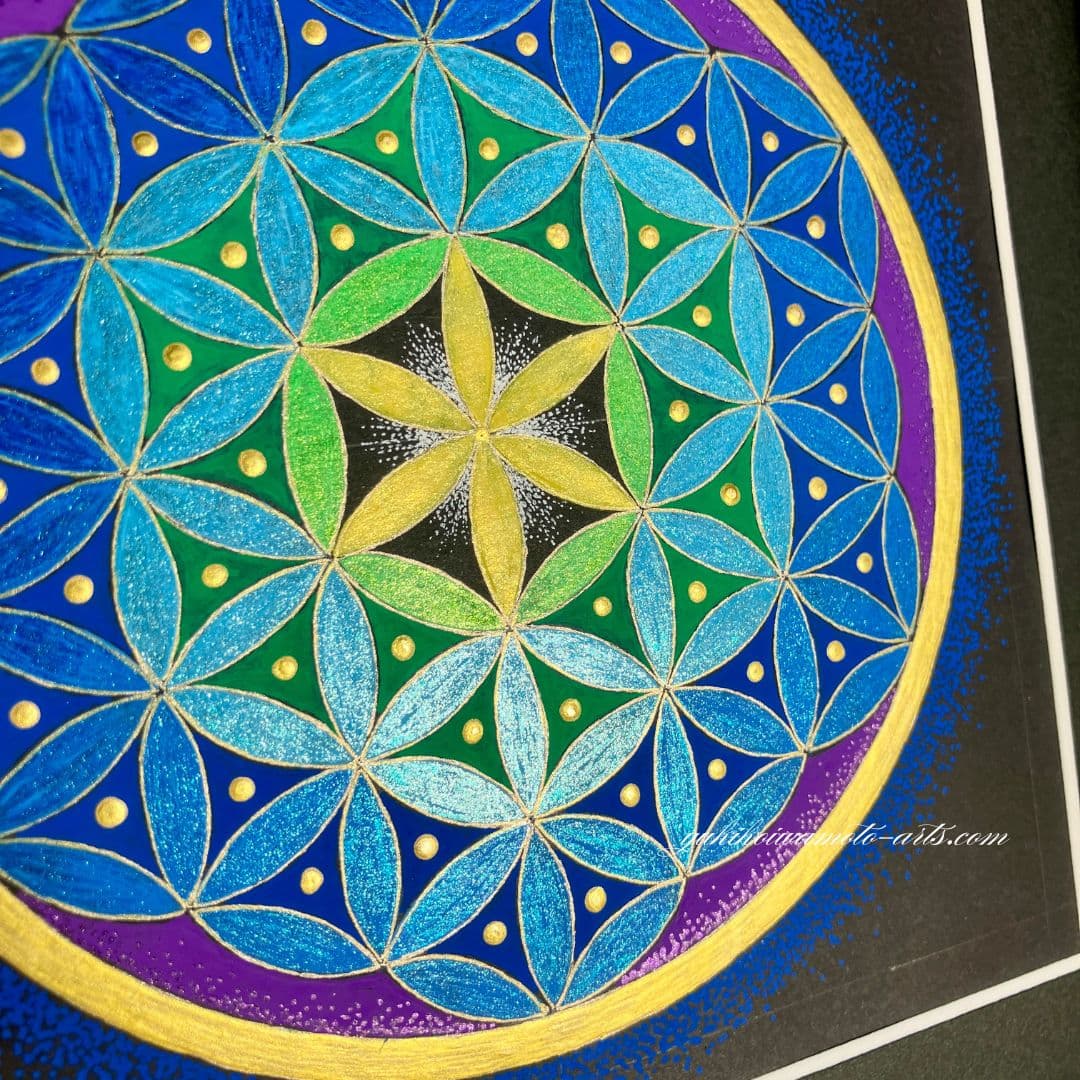 原画】運気アップ波動アート 神聖幾何学フラワー・オブ・ライフ「碧の