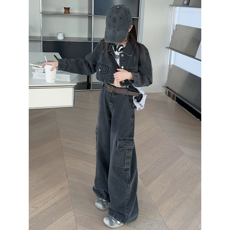 ブラックデニムジャケット＆ワイドパンツセット 上下2点セット】デニムブルゾン＋ワイドデニムパンツ（スーツ