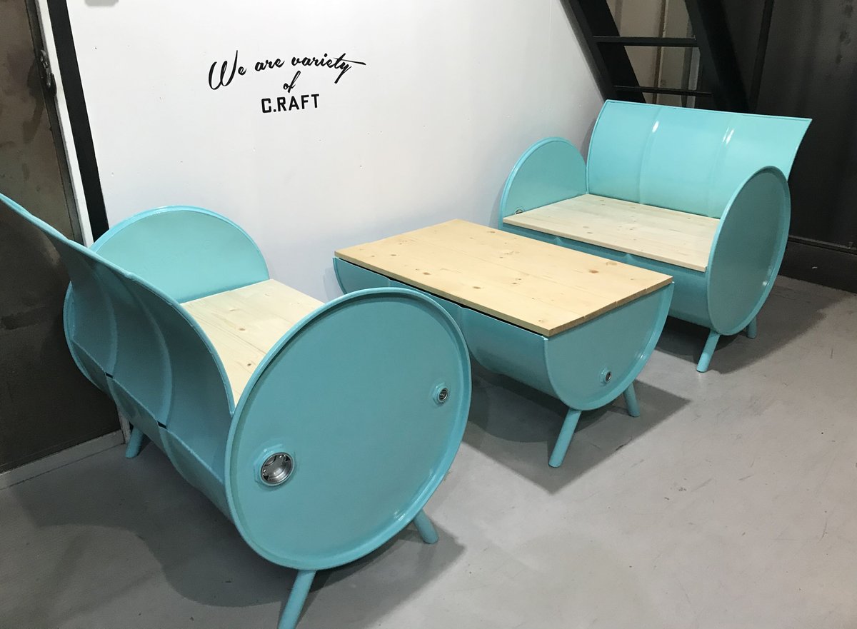 ドラム缶テーブル2台+ドラム缶椅子4台セット