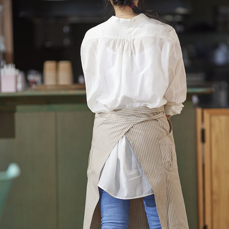 先染めストライプ腰下エプロン（ベージュ） | コシェルカフェ