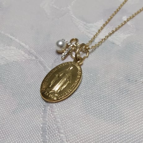 パリ奇跡のメダイ教会正規品◆リボンビジュー付ネックレス*＊小粒のリボンビジューとパールパーツが可愛い*＊
