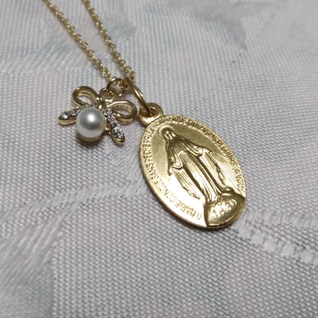 パリ奇跡のメダイ教会正規品◆リボンビジュー付ネックレス*＊小粒のリボンビジューとパールパーツが可愛い*＊