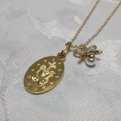 パリ奇跡のメダイ教会正規品◆リボンビジュー付ネックレス*＊小粒のリボンビジューとパールパーツが可愛い*＊