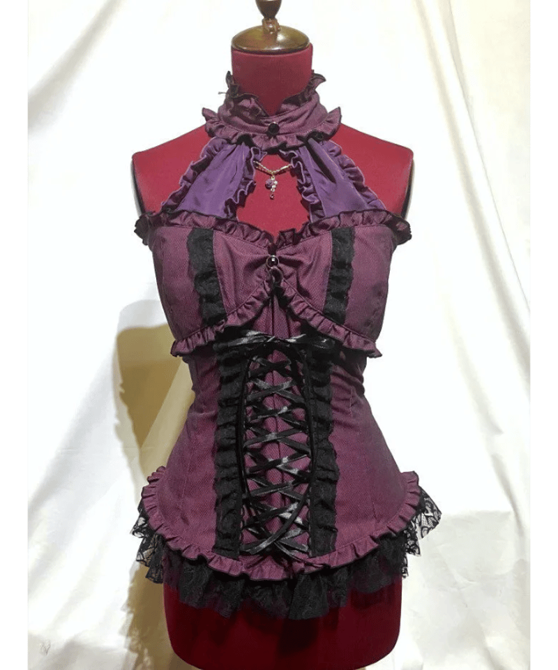 MARBLE】十字架付き編み上げビスチェ：ボルドー柄×黒 Lace-Up Bustier w
