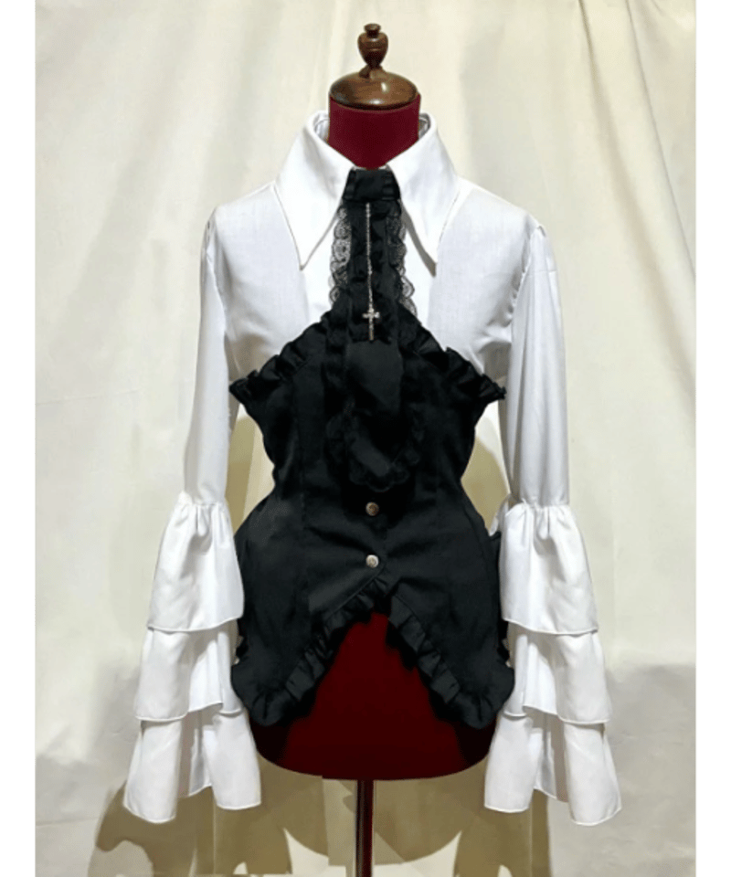 MARBLE】マーブル コルセット風後ろ編み上げ姫袖ブラウス:黒×白×黒タイ 