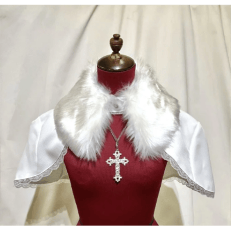 【MARBLE】マーブル　デコレーションクロス付きファー衿ケープ：白　Decoration Cross Fur Collar Cape