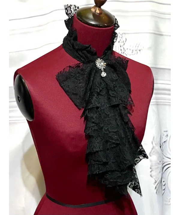 【MARBLE】マーブル リボンブローチ付きドレープタイ：黒レース×シルバーアンティークブロー...