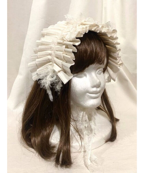 【MARBLE】マーブル　フリンジリボンフリルヘッドドレス　オフ白ニット　Fringe Ruffle Ribbon Headdress