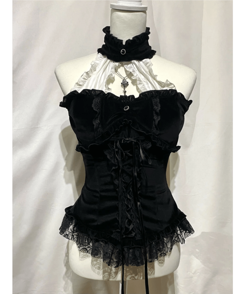 十字架付き編み上げビスチェ：黒ベロア×白ストライプ Lace-Up Bustier 