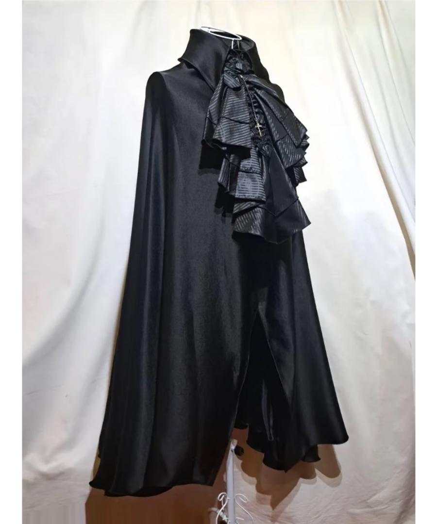 【MARBLE】マーブル ボリュームタイ付きロングマント：黒光沢×黒ストライプ Long Cloak with Volume Tie Black  Lustrous x Black Stripe