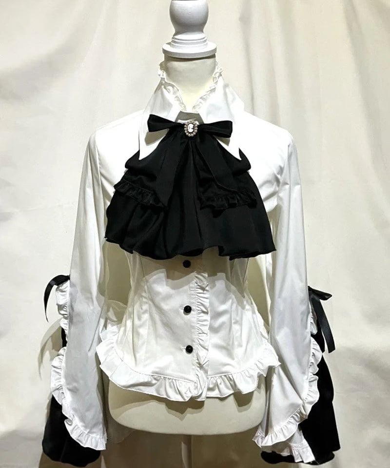 MARBLE】マーブル カメオタイ付き後編み上げブラウス：白黒フリル Lace 