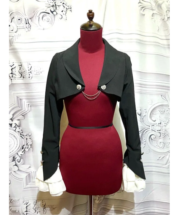 エンブレムチェーン付き姫袖ショートジャケット：黒×白フリル ATELIERPIERROT...