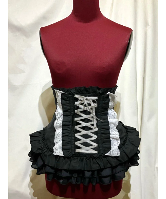 【MARBLE】マーブル　総フリル編み上げコルセット：黒×白レース×白リボン★Lサイズ★　Full Ruffle Lace-Up Corset　 black x white lace　L Size