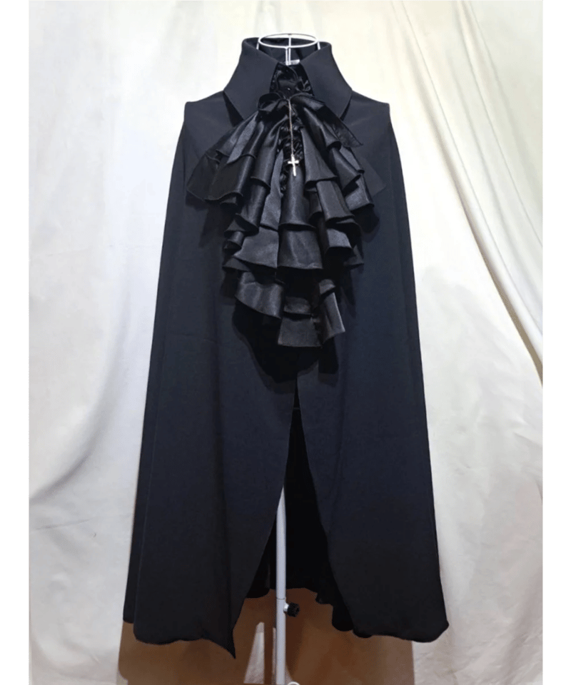 MARBLE】マーブル ボリュームタイ付きロングマント：紺×黒 Long Cloak 